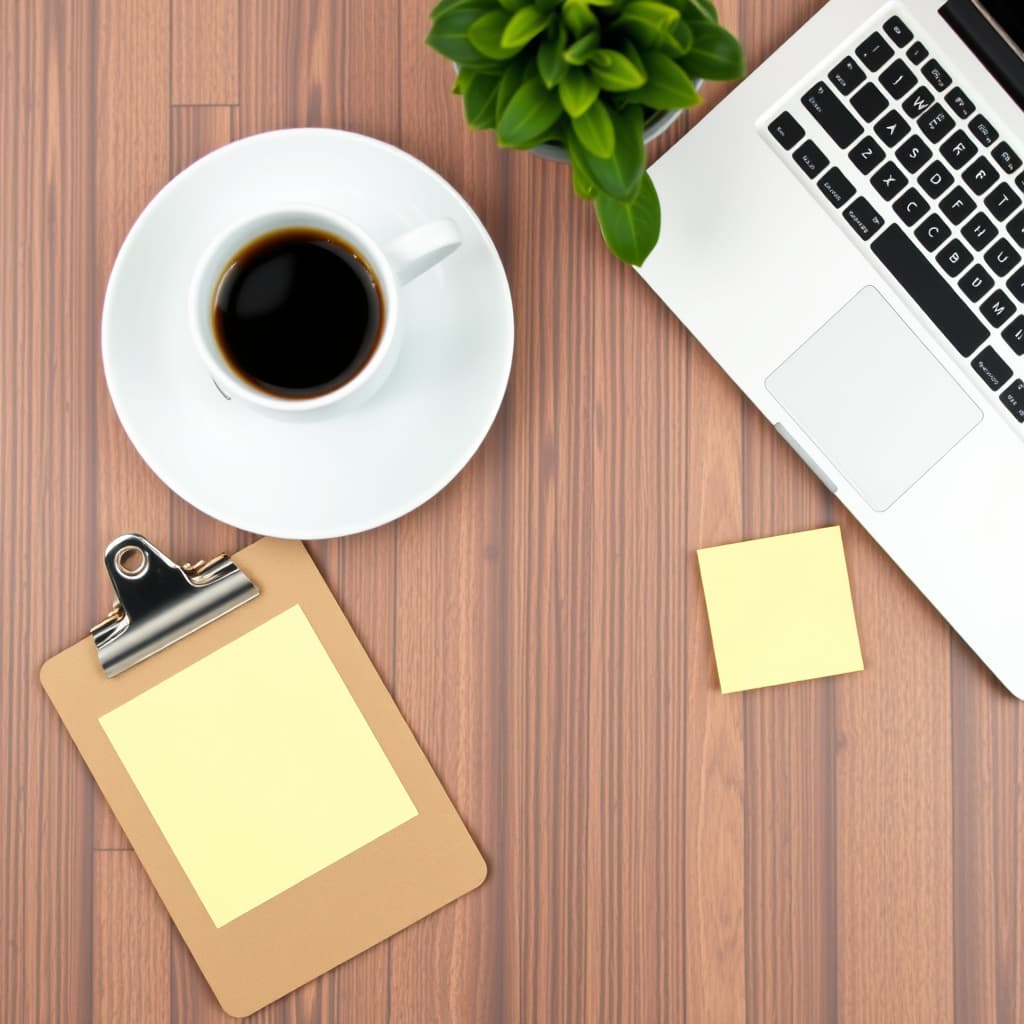 A branded flat lay with laptop, coffee, clipboard, and sticky notes